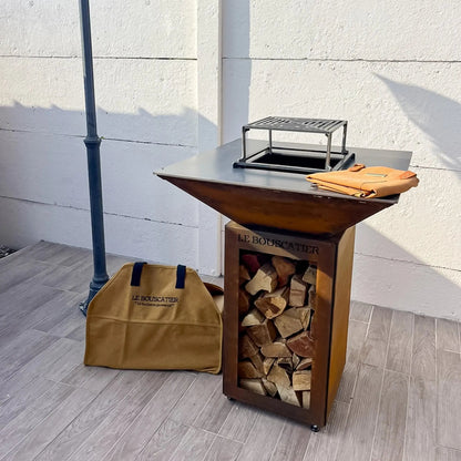 Lou Bouscarian-Brasero plancha avec Rangement bûches en acier corten