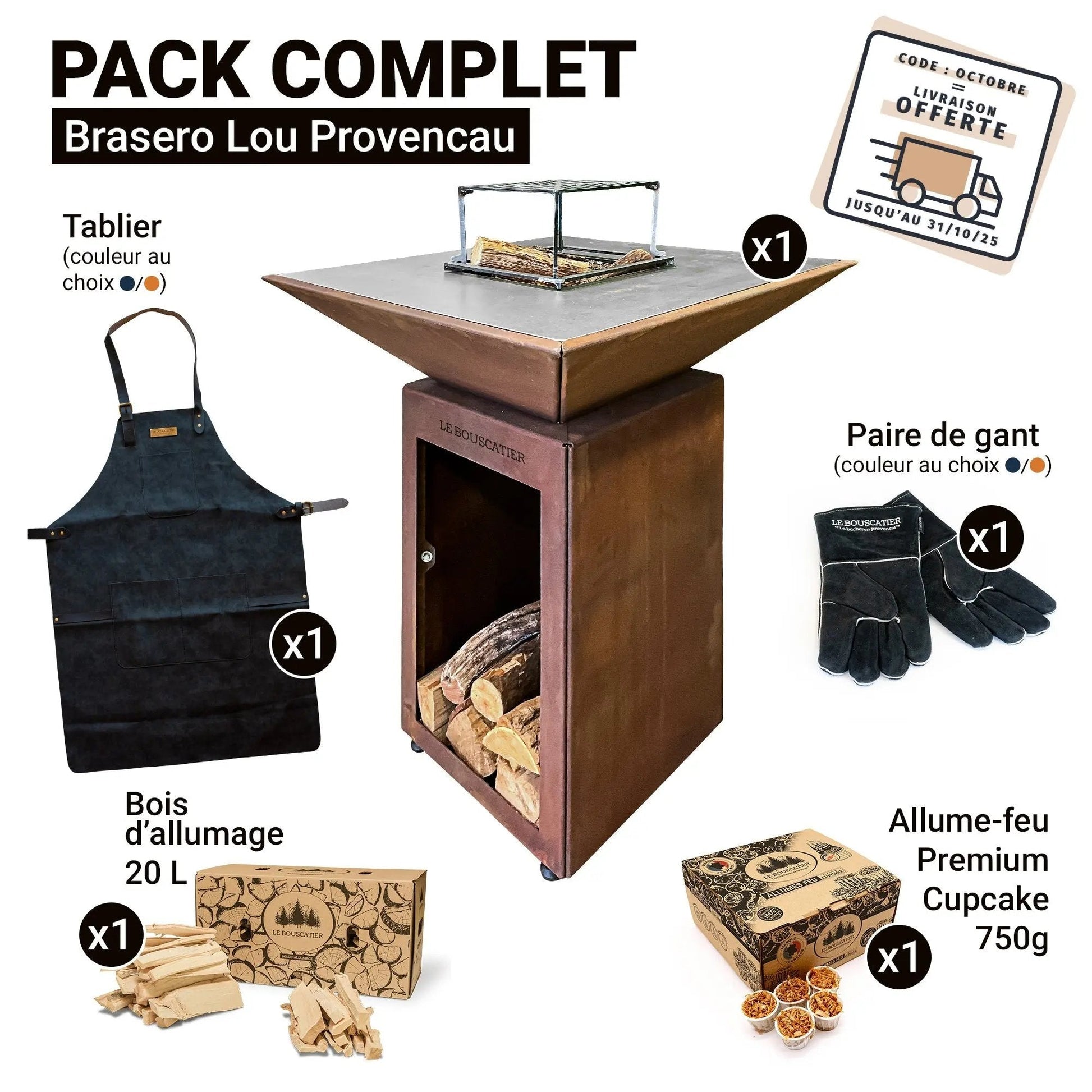 PACK - Brasero Lou Provençau + tablier + paire de gants + bois d'allumage + allume-feu Le Bouscatier " Le bucheron provençal "