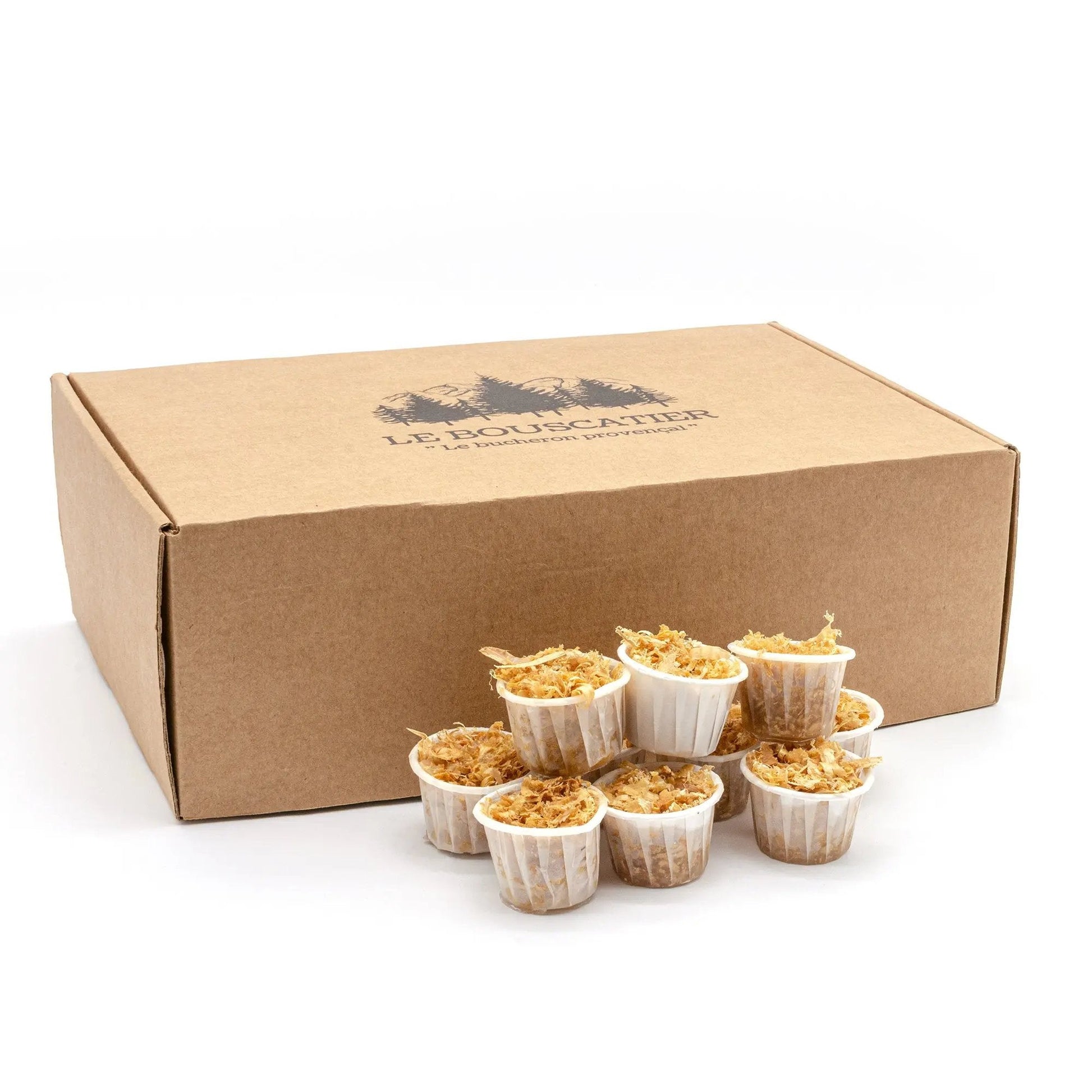 100/120u cupcake allumes-feu premium en sciure de bois 100% naturel pour barbecue et brasero Le Bouscatier " Le bucheron provençal "