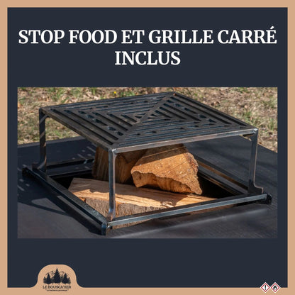 Lou provençau-Brasero plancha en acier corten avec rangement bûches-grille et stop food inclus