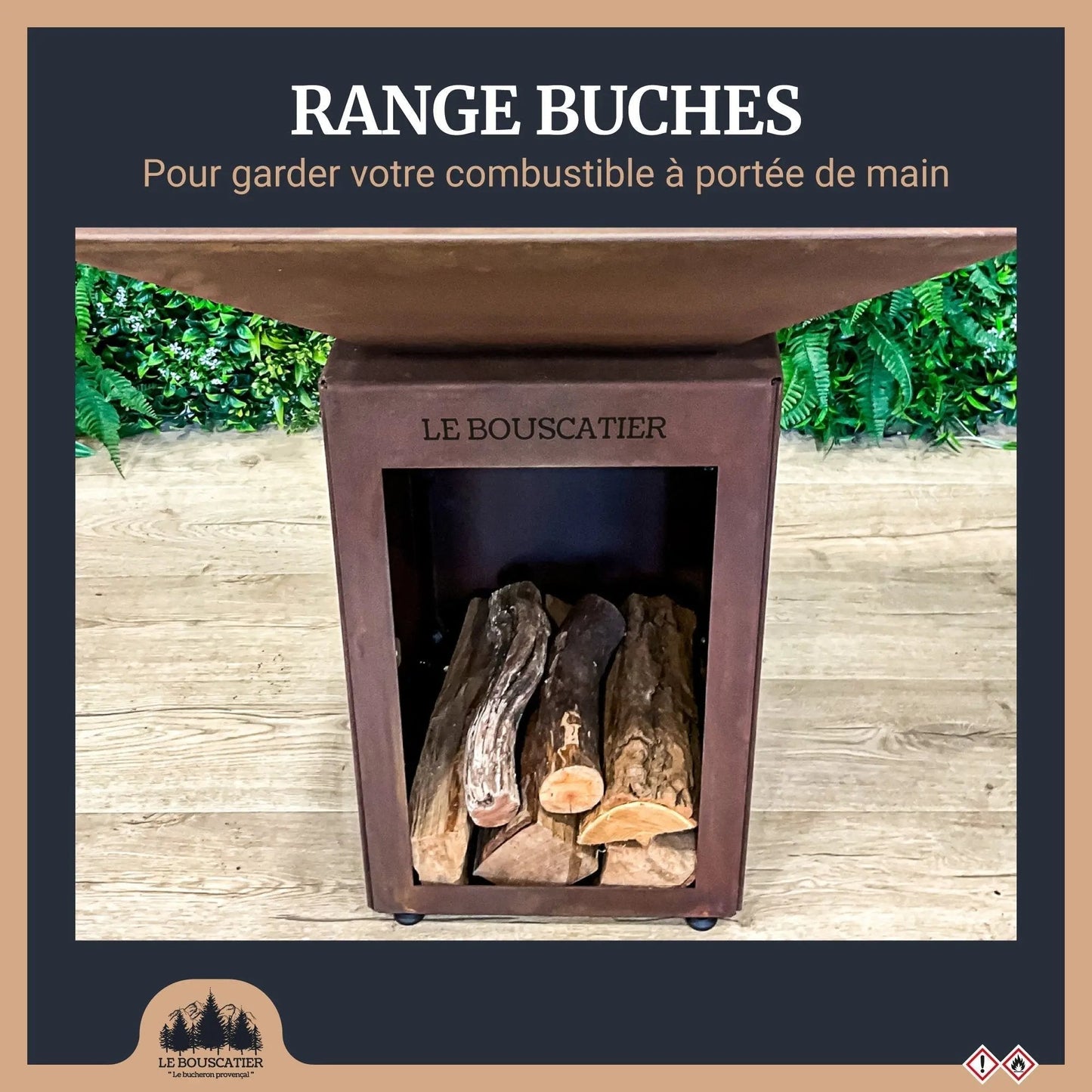 Lou Bouscarian-Brasero plancha avec Rangement bûches en acier corten