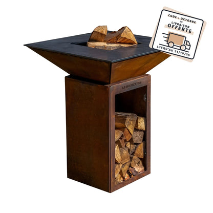 Lou Bouscarian - Brasero plancha avec Rangement bûches en acier corten-  Grille et stop food inclus Le Bouscatier " Le bucheron provençal "
