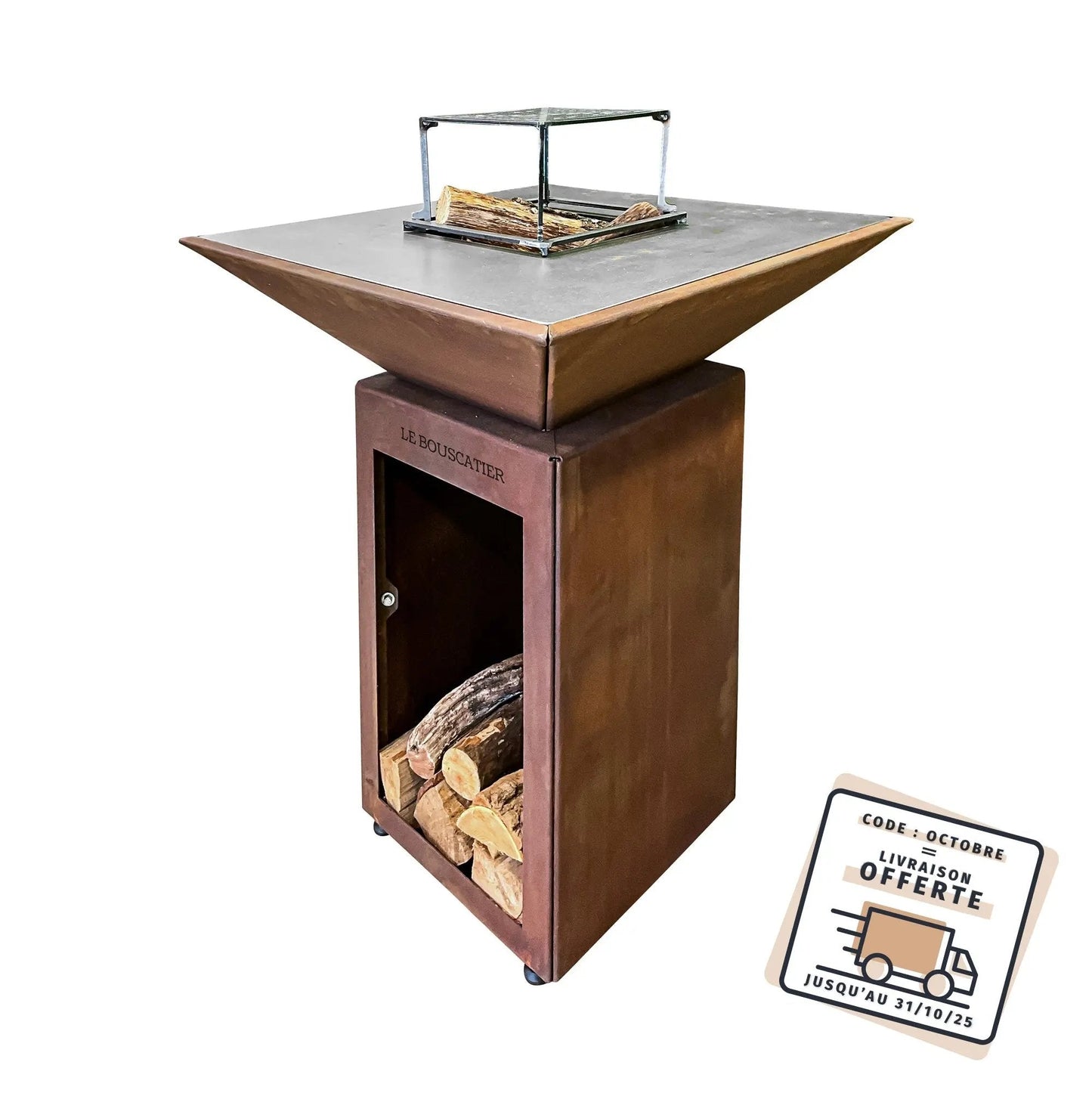 Lou provençau - Brasero plancha en acier corten avec rangement bûches - grille et stop food inclus Le Bouscatier " Le bucheron provençal "