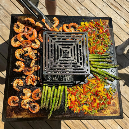 Lou provençau-Brasero plancha en acier corten avec rangement bûches-grille et stop food inclus